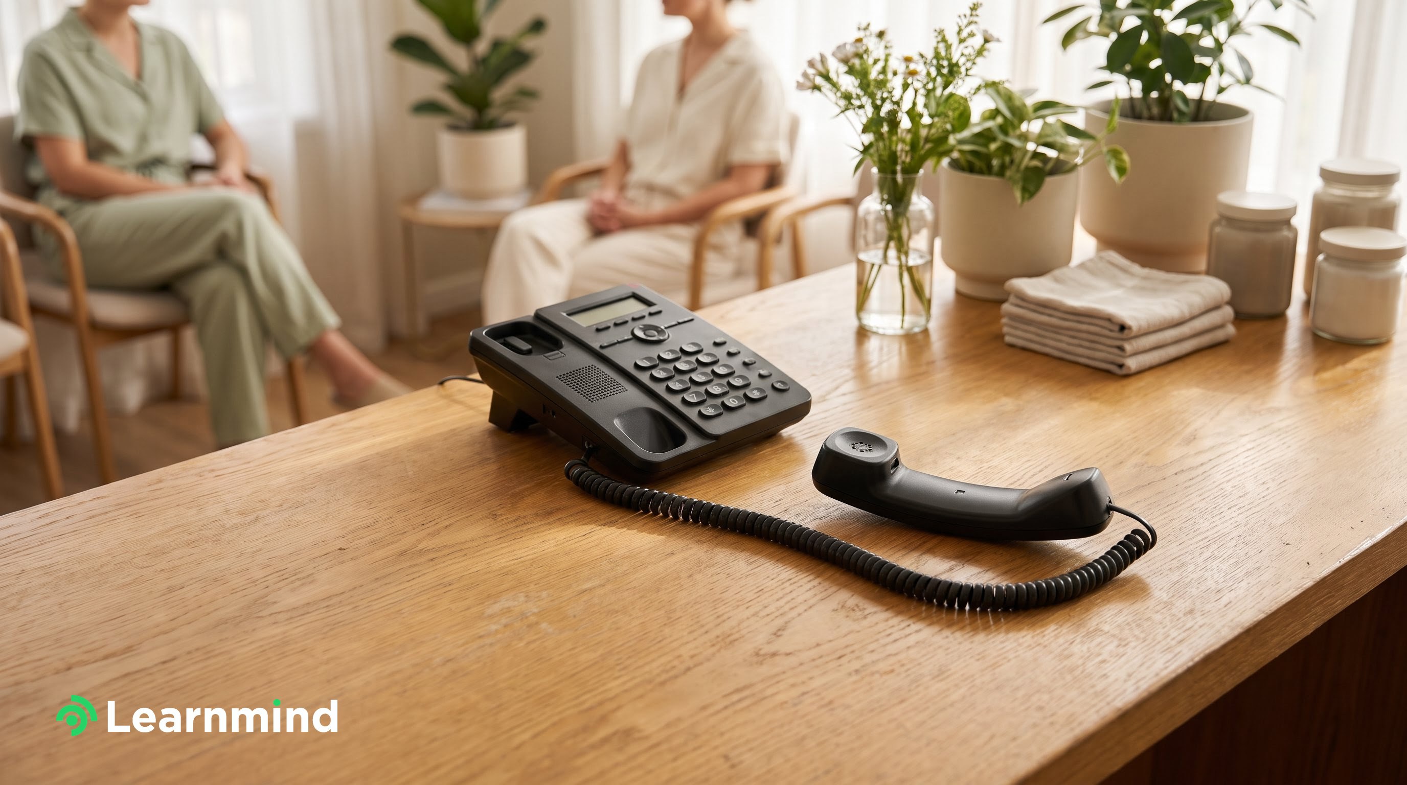 Desk telephone with its handset off the cradle on a clinic reception counter, clients waiting behind