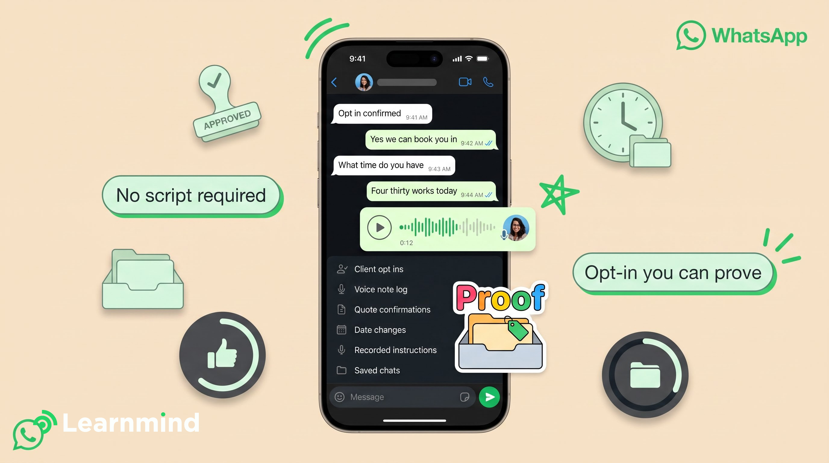 Central phone chat with voice note, flanked by approved stamp, proof sticker, chips, cream background