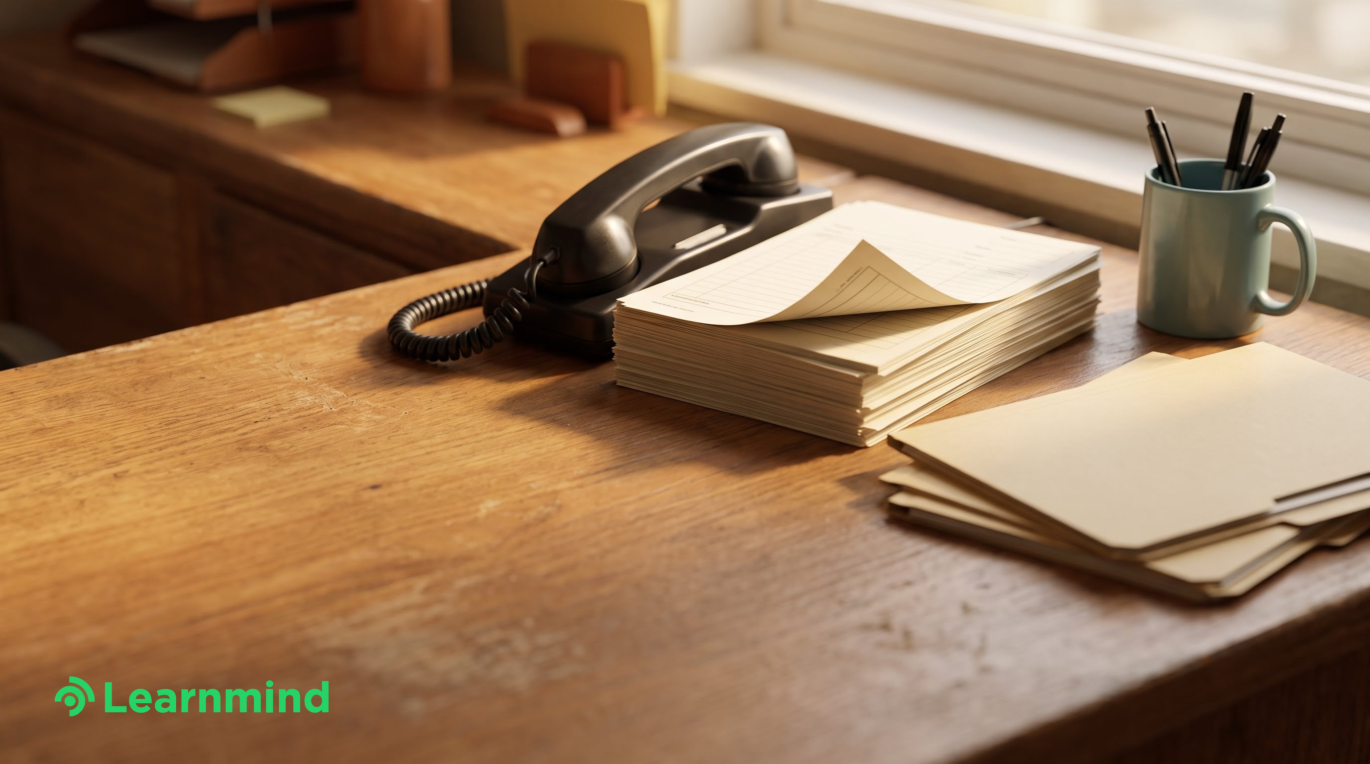 Black corded phone handset, blank notepad stack, wooden desk, sunlight