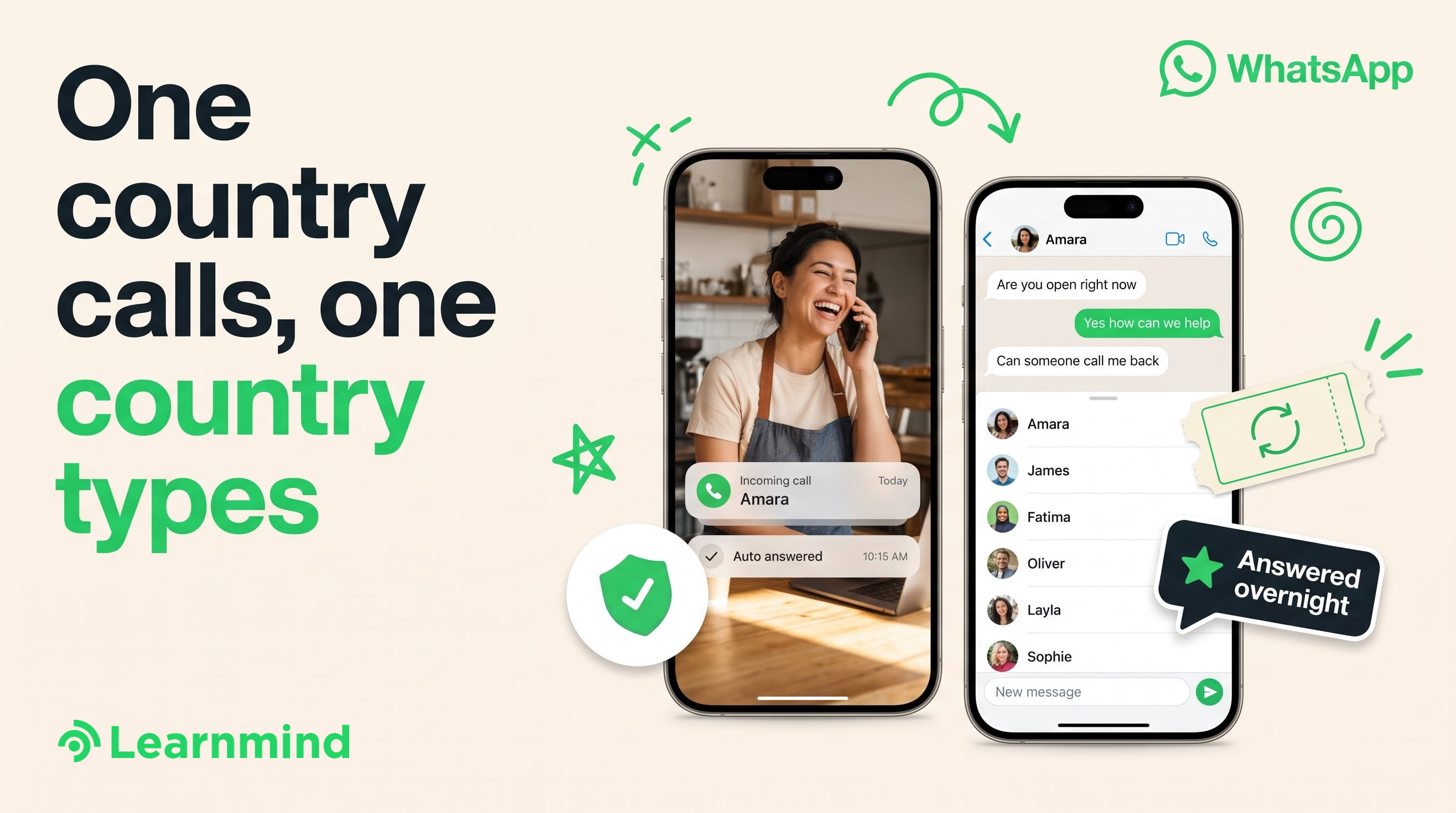 Bold left headline beside two iPhones showing call screen and chat list, cream ground