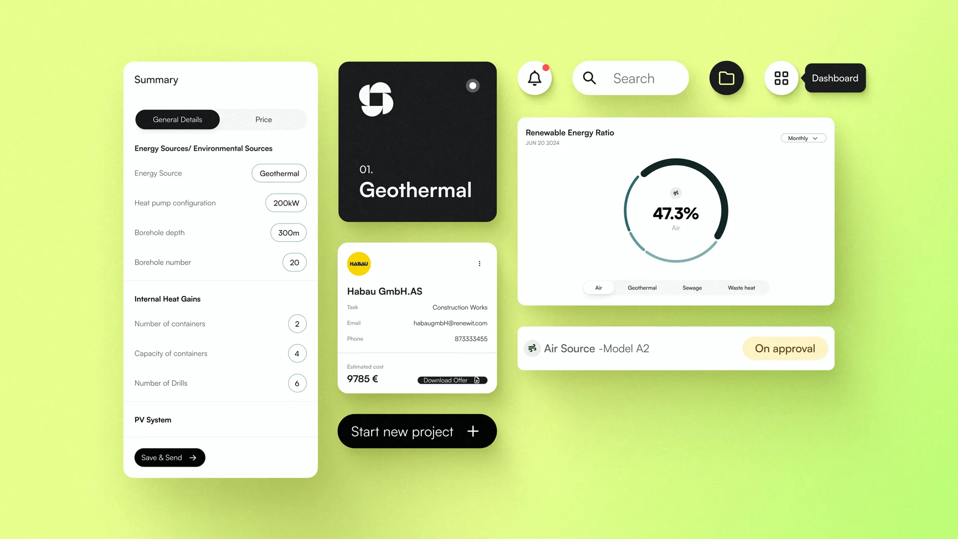 Benutzeroberfläche einer digitalen Projektplanungsplattform mit mehreren Elementen: links technische Daten zu einer geothermischen Energiequelle, rechts eine Grafik mit dem Anteil erneuerbarer Energie (47,3 % Luft) und Informationen zu einem Anbieter, alles auf gelbgrünem Hintergrund.