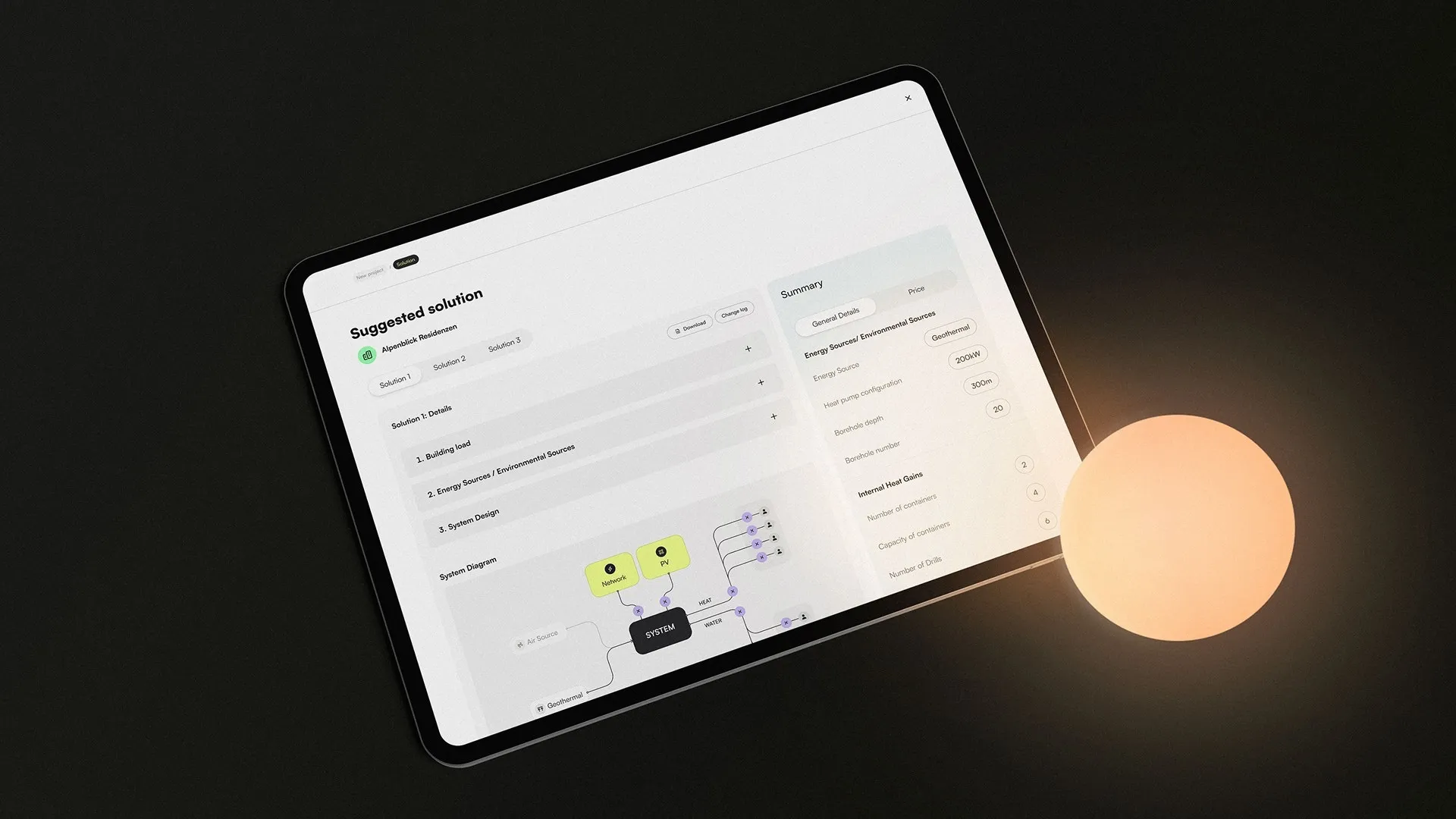 Tablet mit geöffneter Anwendung zur Projektplanung auf schwarzem Hintergrund mit Lichtkreisen; dargestellt sind Daten zur Energiequelle „Geothermal“, Bohrtiefe, Systemdiagramm und technische Details.
