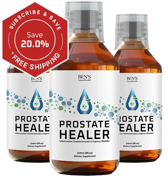Three bottles of Ben's Natural Health Prostate Healer dietary supplement with a red badge offering 20% off, subscribe and save, and free shipping.