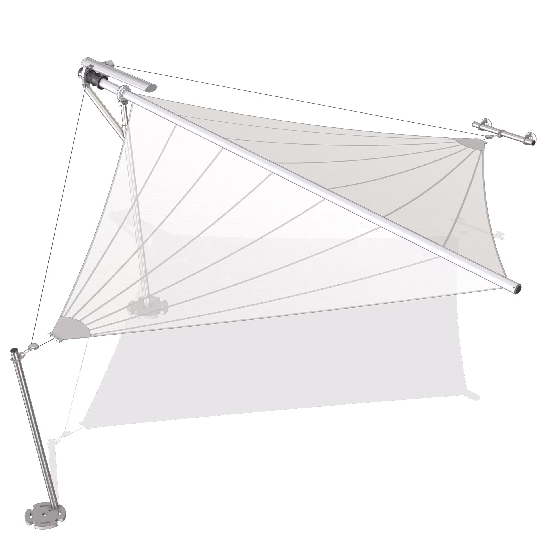 The SQK cantilever is a sun sail model with a triangular sail cut that requires only three attachment points. For batten and ray sails up to a maximum of 35 m² of cloth area.
