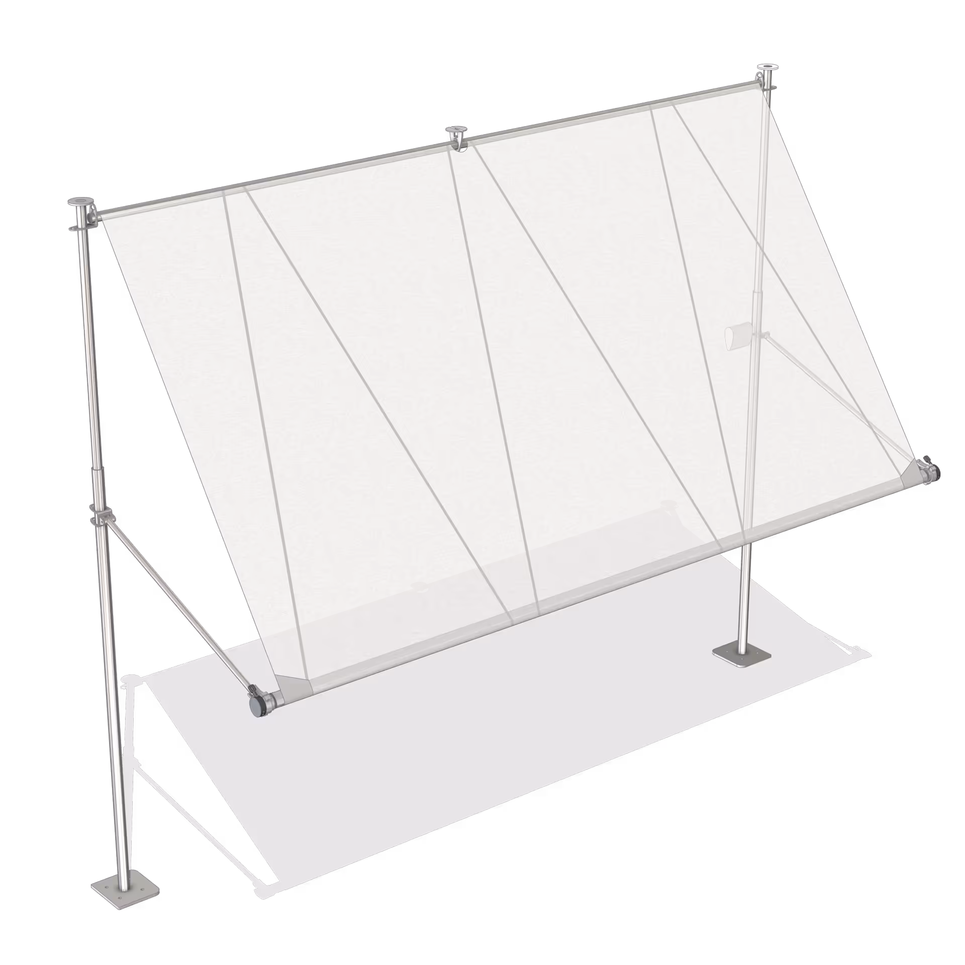 The SunSquare drop arm awning uses the well-known mechanisms of a drop arm awning, but allows larger dimensions. The lateral, swiveling arms move forwards and downwards as soon as the towel rolls off the wave.