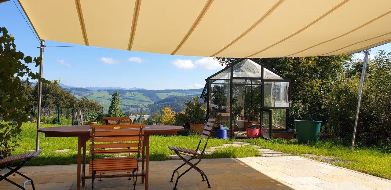 Seitliche Perspektive auf das gespannte Segel – klare Linienführung und harmonisches Zusammenspiel mit der Glasüberdachung.