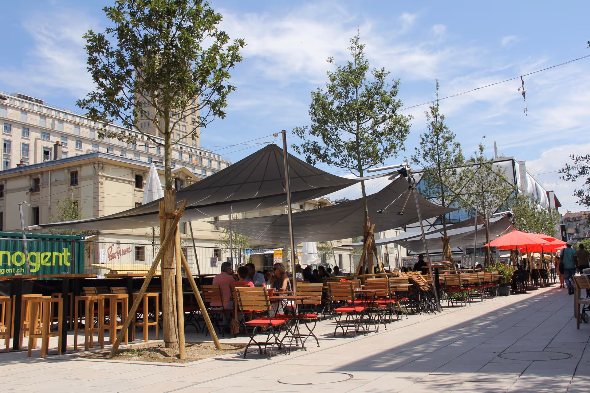 SunSquare shade sails in the Lausanne Flon district — comfort & safety for public spaces