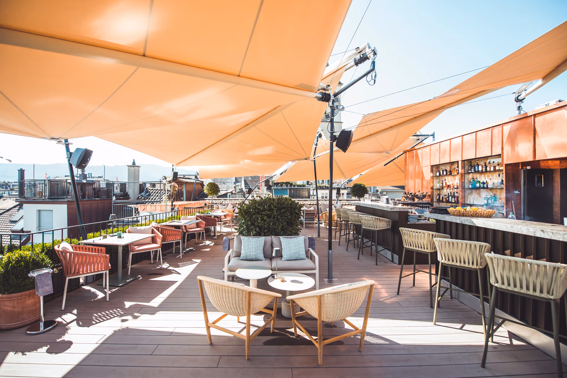 You can see the bar at Hotel Storchen in Zurich and the awnings built by Hermann Guggenberger.