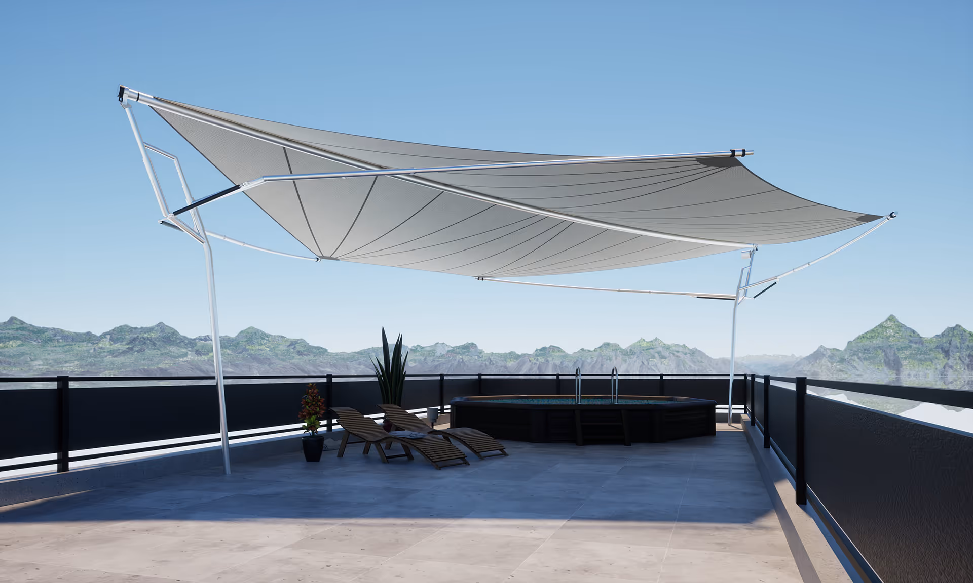 Rendering eines FOLD & ROLL Projekts auf einer Dachterrasse.