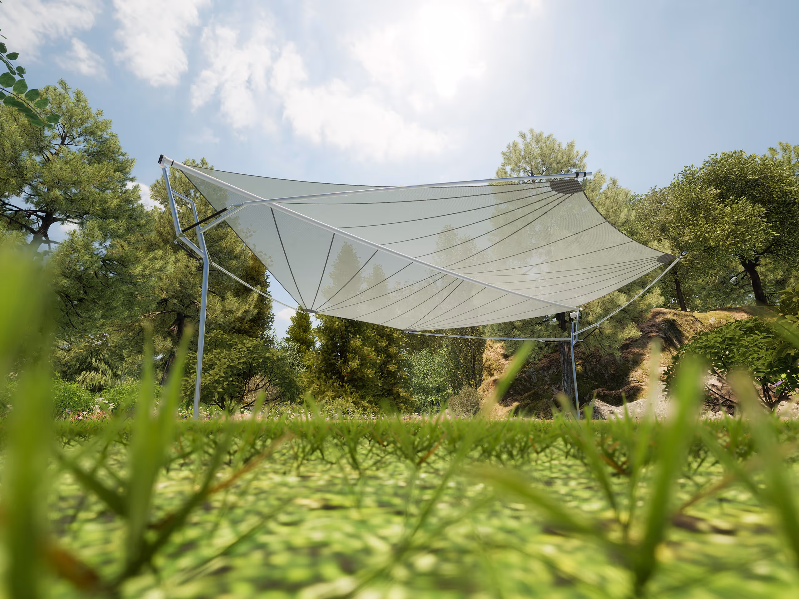 Ein Rendering zeigt den FOLD & ROLL AXIS in einer Gartensituation.