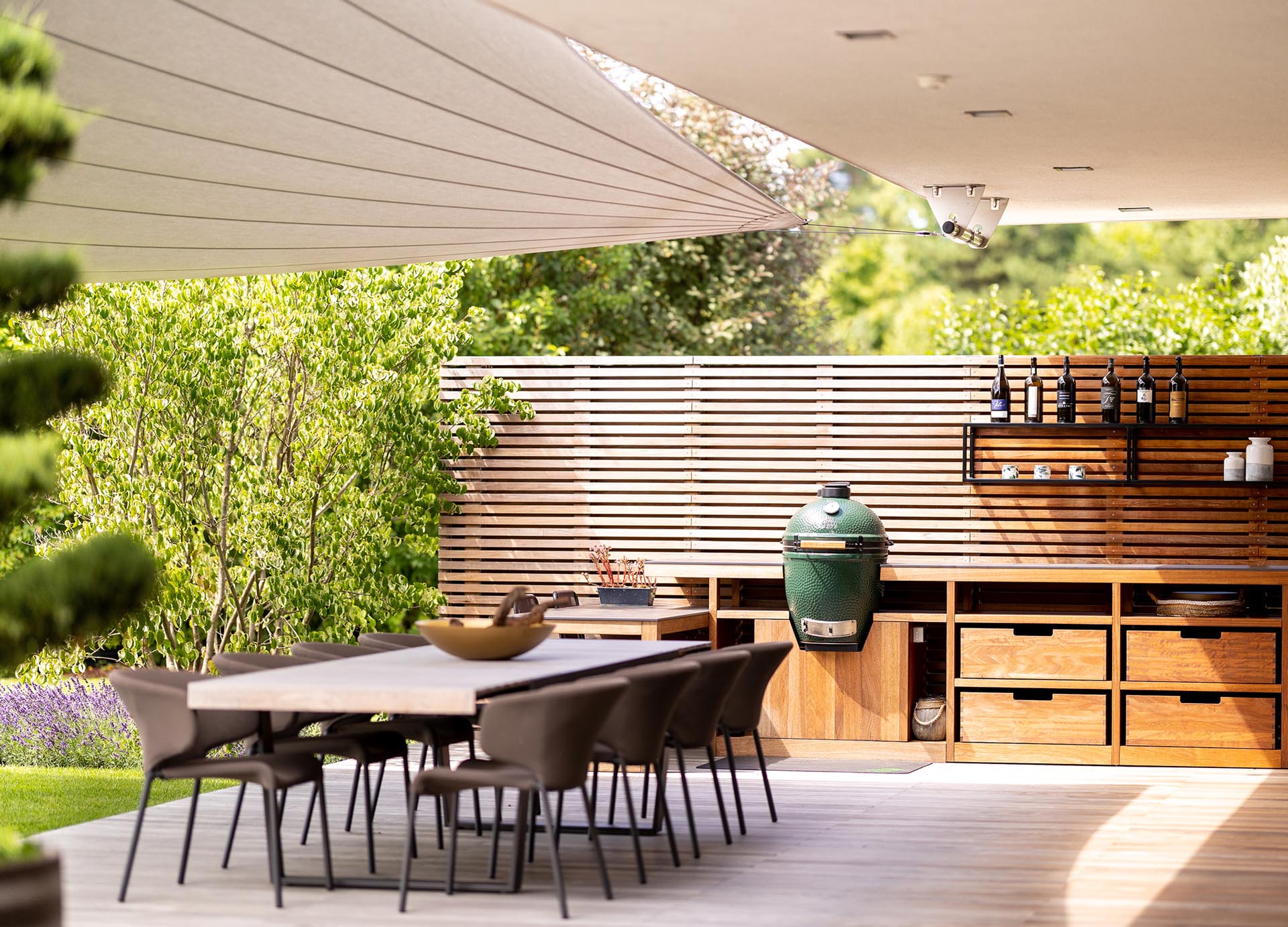 Outdoor living under sail in a garden paradise