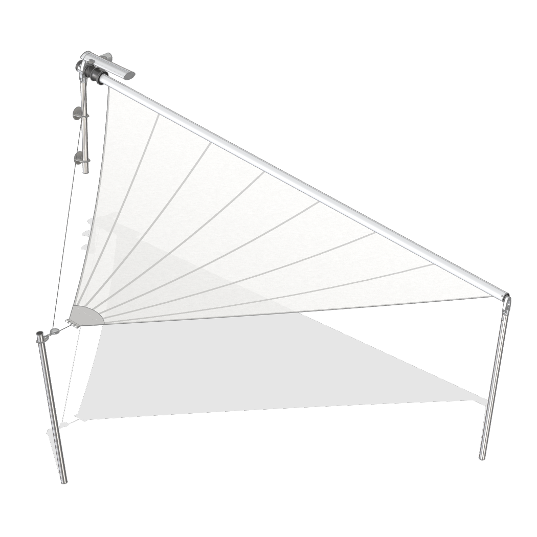 A single-sided SunSquare system with a compensator - also known as SQK solo, as the cloth is only unwound from the shaft on one side.