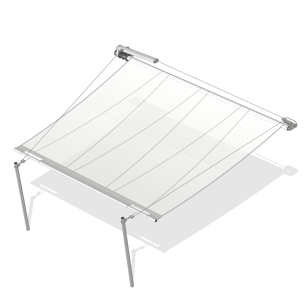 Vela rettangolare unilaterale SunSquare, ideale per ombreggiare aree rettangolari o quadrate. L'asta è fissata al muro di una casa, motivo per cui è anche conosciuta come vela per tende da sole.