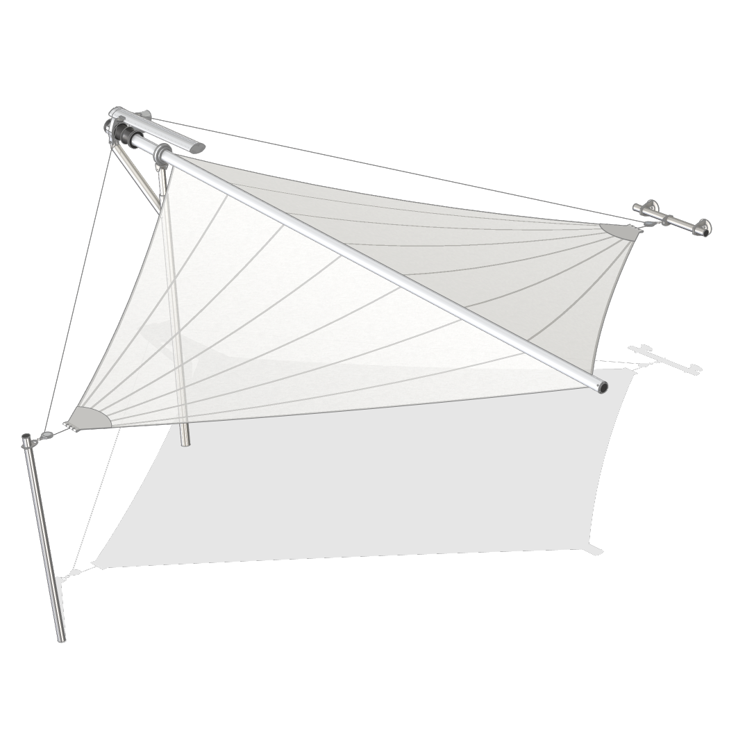 The SQK cantilever is a sun sail model with a triangular sail cut that requires only three attachment points. For batten and ray sails up to a maximum of 35 m² of cloth area.