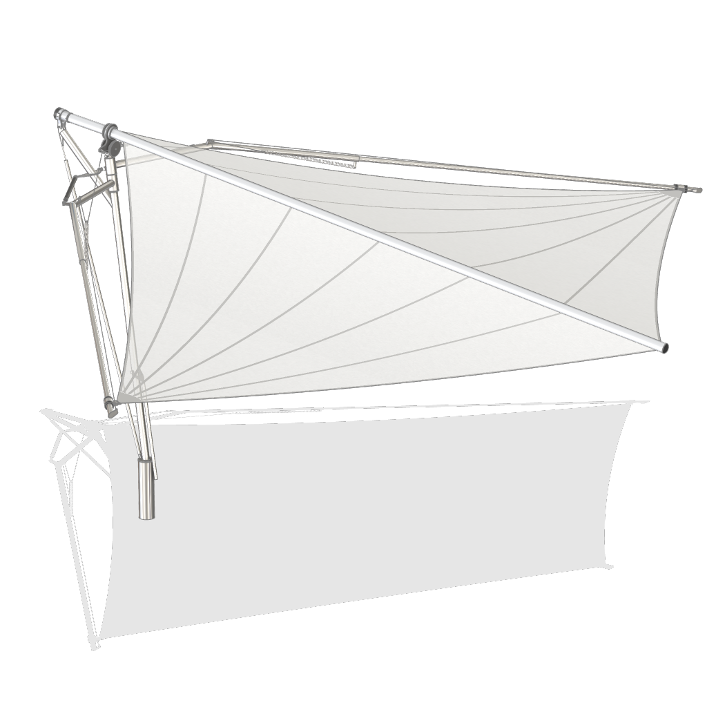 L'ombrello a vela FOLD & ROLL ha una superficie velica di 30 m² su un punto di montaggio. Il supporto da pavimento può essere ruotato, in modo che l'ombra si muova con te.