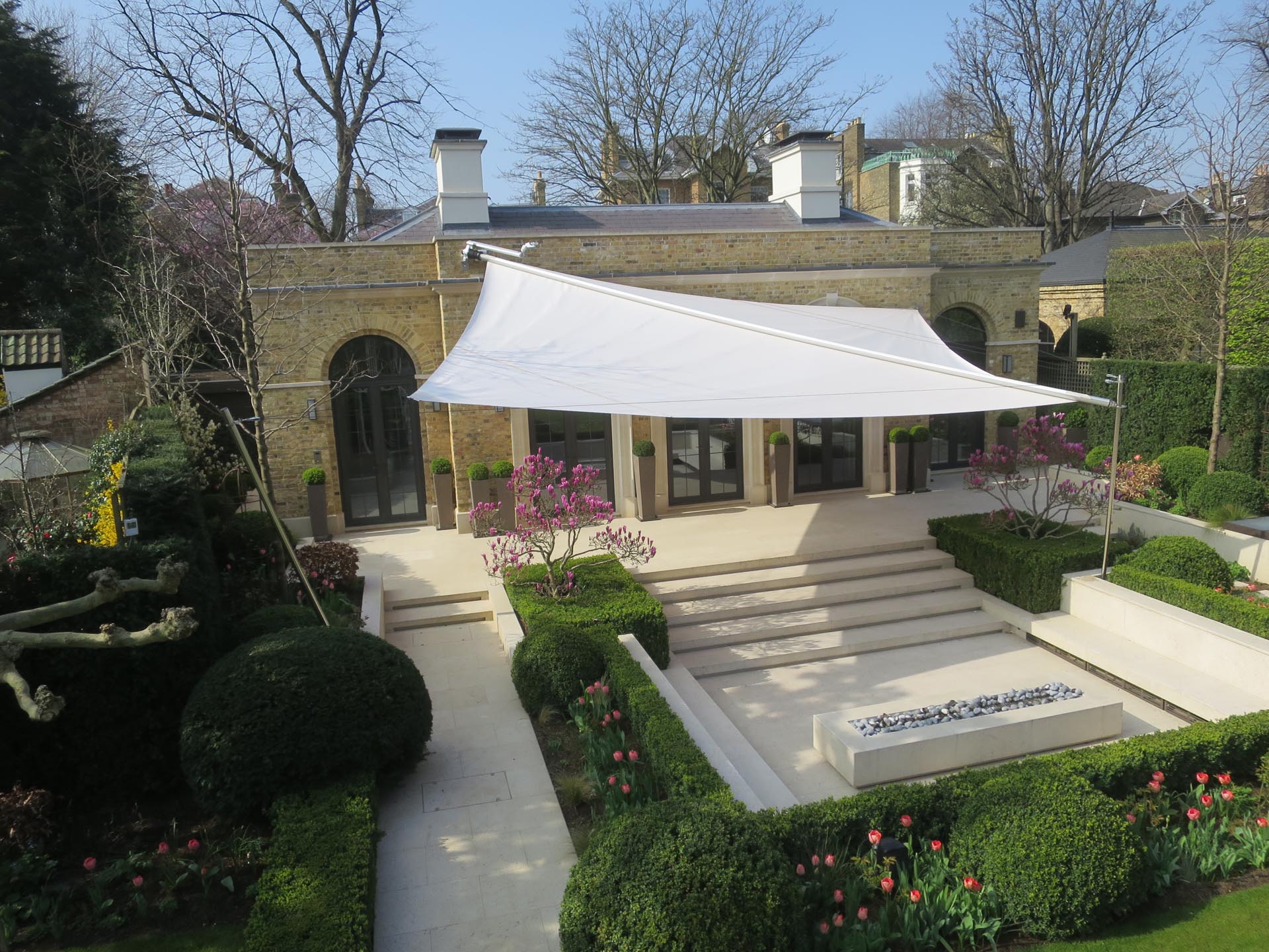 SunSquare shade sails as elegant terrace shading for a historic private residence in UK.