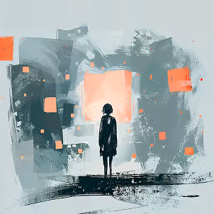 Artistic illustration showing a dark silhouette of a person against a bright yet muted teal backdrop, surrounded by varying sizes of orange squares giving a sense of depth.