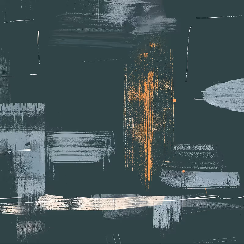 Abstract illustration showing vertical and horisontal brushstrokes of light teal on a dark muted green background with some strokes having hints of orange.