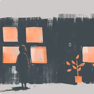Artistic illustration showing the silhouette of a girl standing in front of a four-squared window.