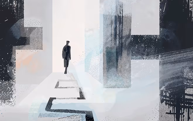 Artistic illustration of a person shown as a dark silhouette walking towards a white gate, leaving behind a dark solid line, showing where the person has walked.