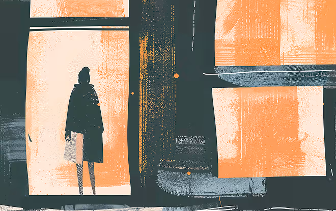 Artistic illustration showing the the silhouette of a person standing in frame of an orange door, contrasting the dark green background.