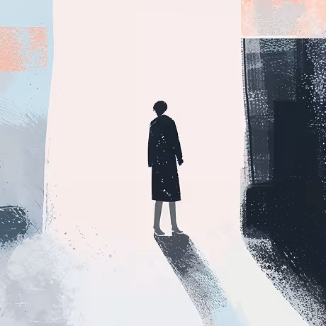 Artistic illustration of the dark silhouette of a person standing in front of a white large gate, casting a shadow behind the person.