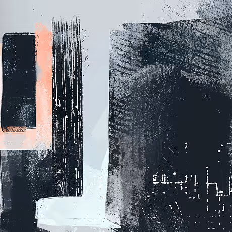 Abstract illustration with a vertical orange brushstroke and thick black vertical strokes against a bright teal background.
