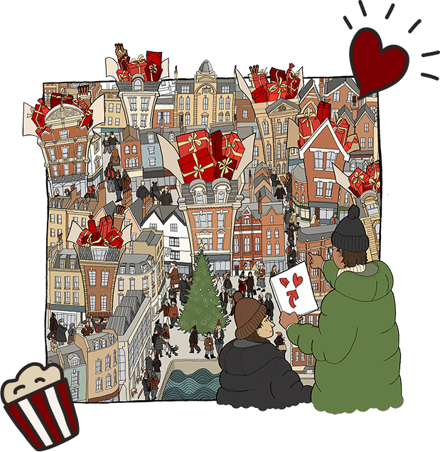 Festive city street scene with crowds, rooftop gift boxes, Christmas tree, and two kids holding a holiday card. Cozy, winter holiday vibe.