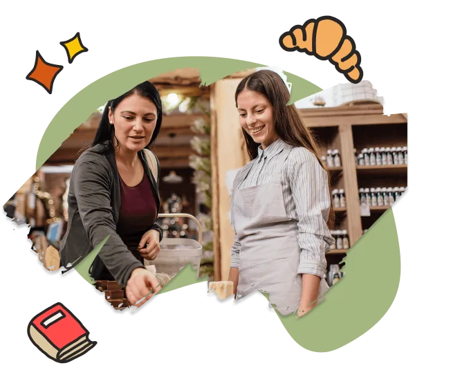 Woman shopping at a local market stall with a smiling female vendor. Surrounded by illustrated icons of a croissant, book, and sparkles. Warm, community-focused vibe.
