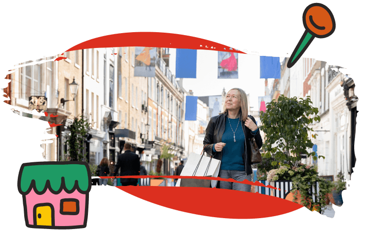 Woman carrying shopping bags walks through a decorated outdoor shopping street with colorful banners. Surrounded by illustrated shop and map pin icons. Relaxed, urban retail vibe.