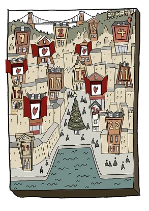 Hand-drawn city scene with numbered advent calendar windows on buildings, a Christmas tree in the center, and a river at the bottom. Features iconic Clifton Suspension Bridge in the background. Festive and whimsical holiday artwork.
