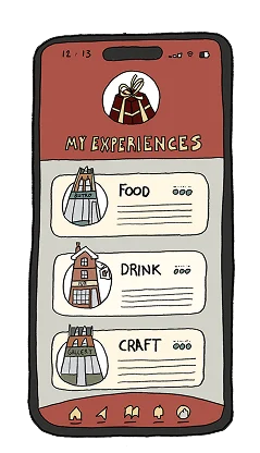 Hand-drawn smartphone screen showing a festive app titled "My Experiences" with categories: Food, Drink, and Craft. Each section features icons of buildings and three dots for more options. Cozy and playful digital design.