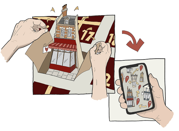 Illustrated hands opening a 3D-style advent calendar window to reveal a festive shop, with an arrow pointing to a smartphone showing a map and icons. Represents blending physical and digital holiday experiences.