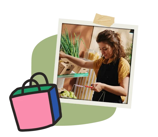 Woman in an apron arranging fresh produce at a market stall, with green onions and pears on display. Framed with a green shape and shopping bag icon. Friendly, small business shopping vibe.