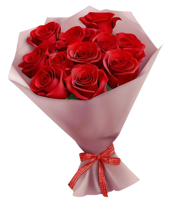 Elegant bouquet of vibrant red roses wrapped in soft pink paper and tied with a red ribbon. A timeless floral gift symbolizing love and romance.