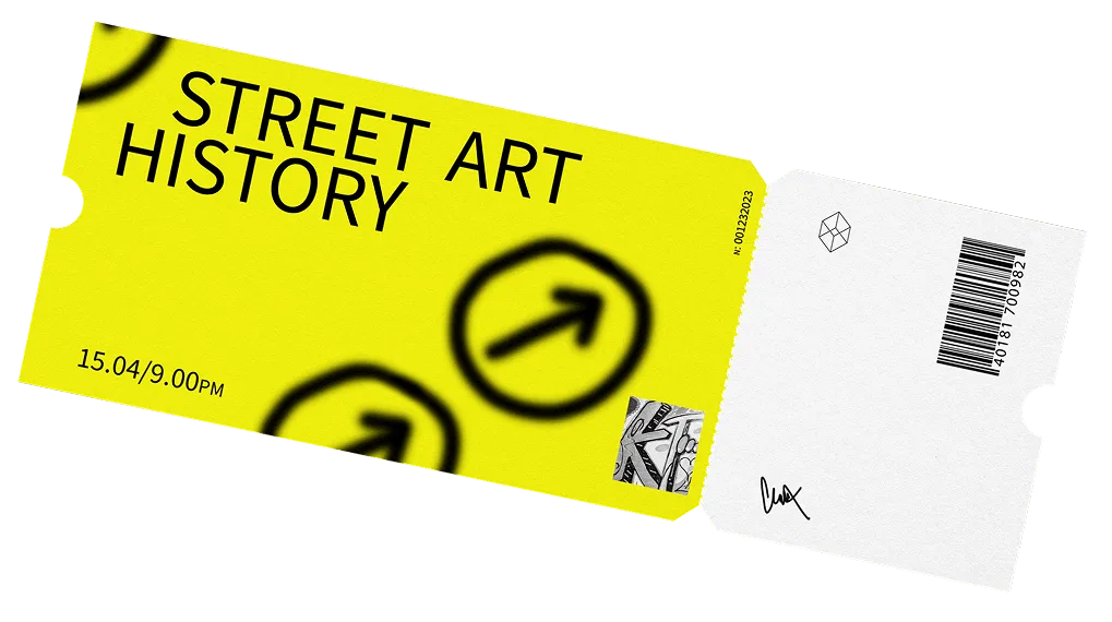 Bright yellow ticket with bold text reading “Street Art History,” featuring a black arrow pattern, event date and time (15.04 / 9:00 PM), barcode, and a signature on a detachable white stub. Urban and edgy design.