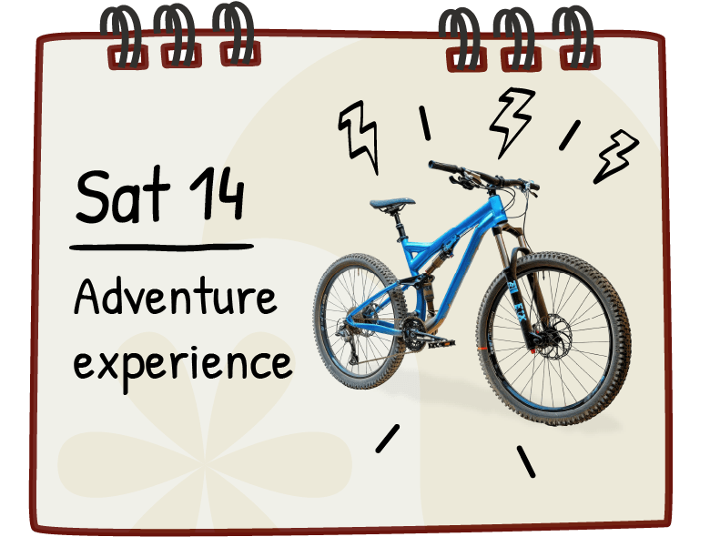 Illustrated calendar page with “Sat 14” and “Adventure experience” written on it, featuring a blue mountain bike surrounded by dynamic doodles. Energetic and outdoorsy vibe.