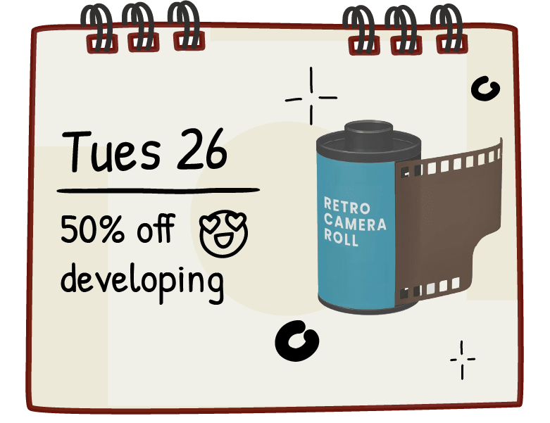 Illustrated calendar page for “Tues 26” with a promo reading “50% off developing” next to a retro blue camera roll. Surrounded by fun photo-themed doodles. Ideal for film photography fans.