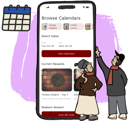 Illustrated mobile screen showing a “Browse Calendars” interface with event tabs, date selectors, and a reward for free coffee. Two cartoon characters look on with interest. Community-focused app experience.