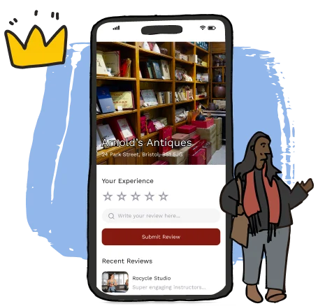 Illustrated mobile screen displaying a review page for “Arnold’s Antiques” with a bookshelf image, star rating system, and review submission box. A character stands beside it with a crown icon overhead, suggesting a top-rated local gem.
