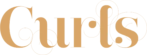 Stylized golden typography design of the word "Curls" with elegant curves