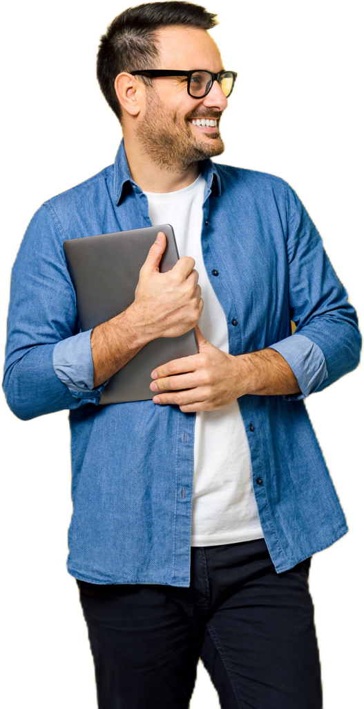 Smiling man in a blue shirt holding a tablet, representing leadership training and managerial skills development.