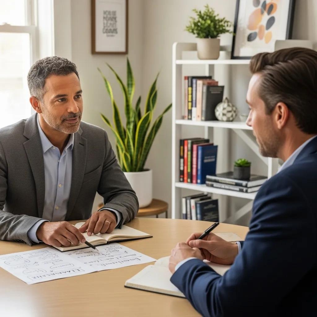 One-on-one leadership coaching session between a coach and an executive, emphasizing personalized guidance