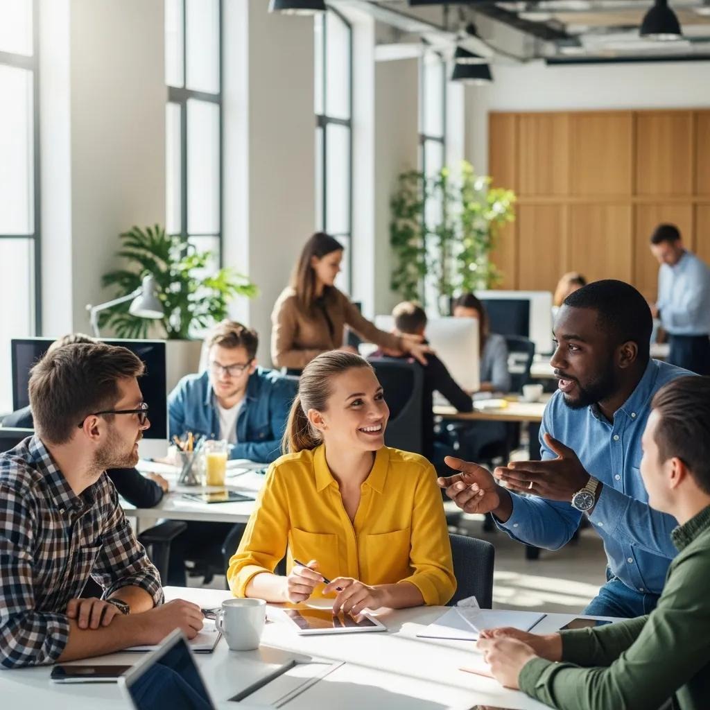 Diverse professionals collaborating in a modern office, symbolizing leadership and team engagement
