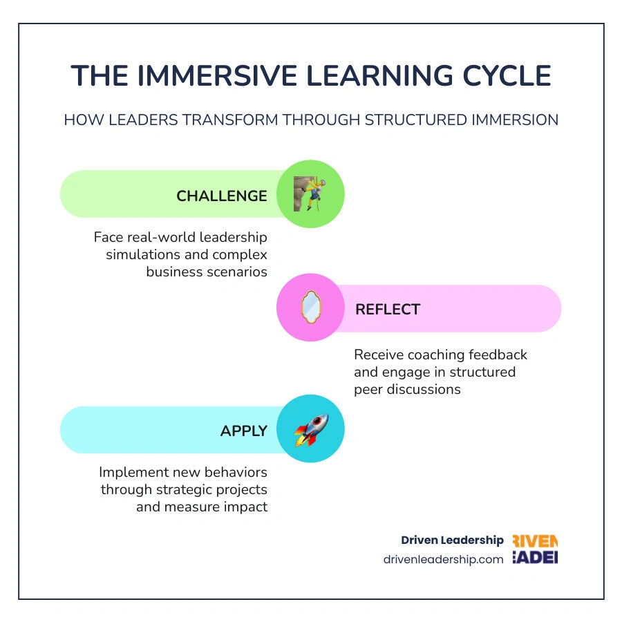 Infographic showing the immersive learning cycle: self-assessment, experiential challenge, coaching feedback, peer