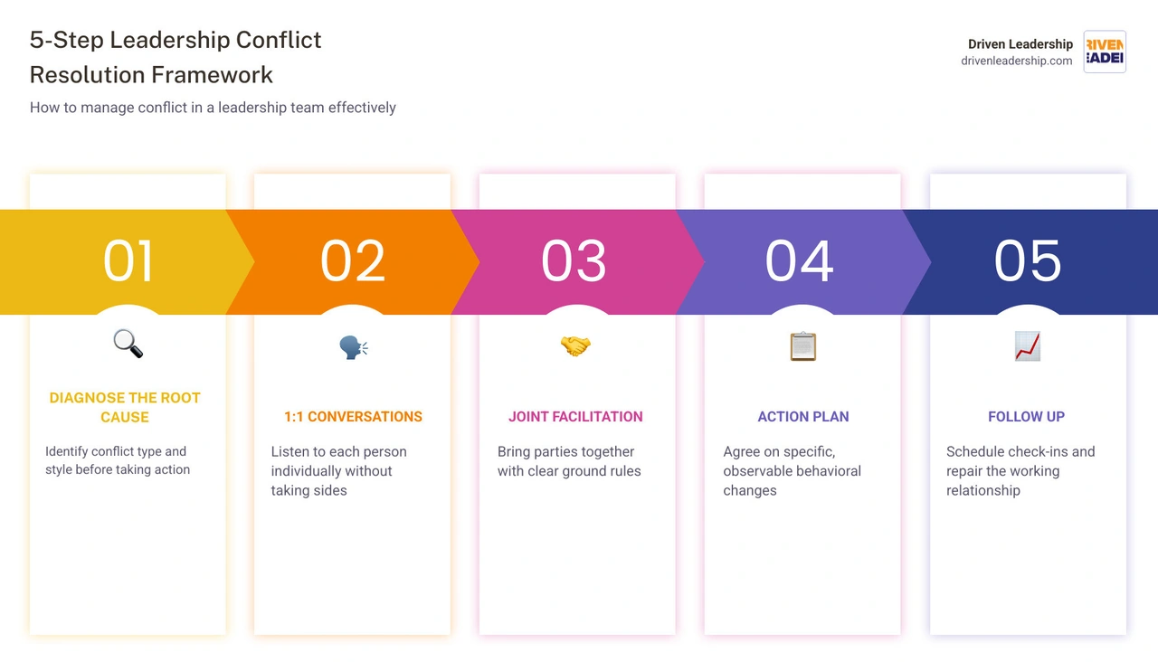5-step leadership conflict resolution framework with outcomes and key actions per step infographic