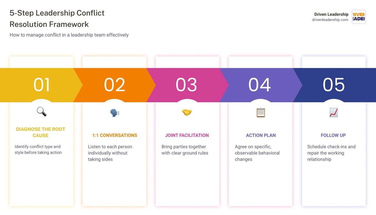 5-step leadership conflict resolution framework with outcomes and key actions per step infographic