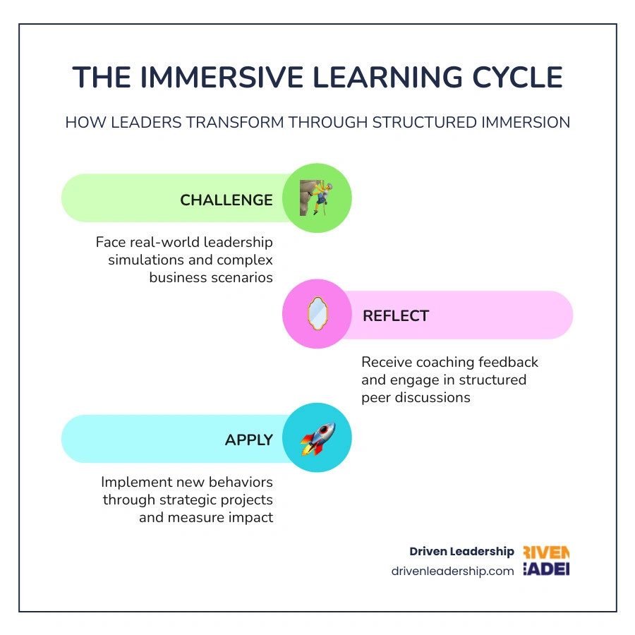 Infographic showing the immersive learning cycle: self-assessment, experiential challenge, coaching feedback, peer