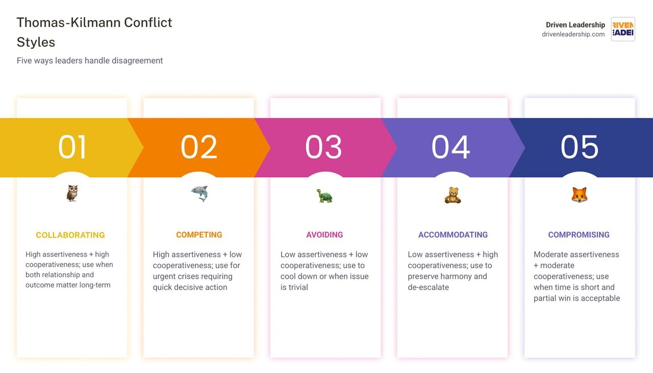 Thomas-Kilmann conflict mode instrument grid showing five styles by assertiveness and cooperativeness infographic