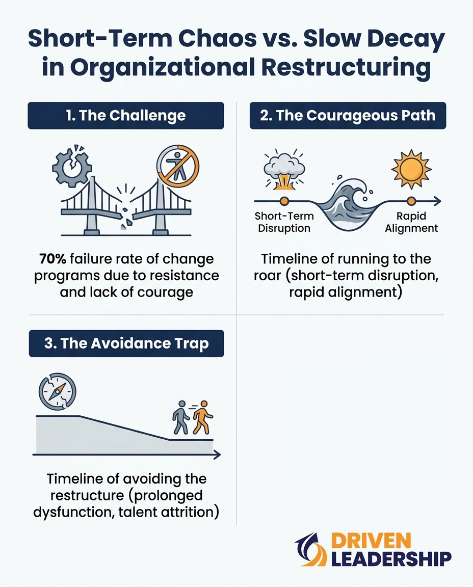 Short-Term Chaos vs. Slow Decay in Organizational Restructuring